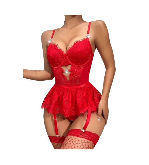 Body Siempre Lista Encaje Y Tul Rojo Lencería Sexy Aro2