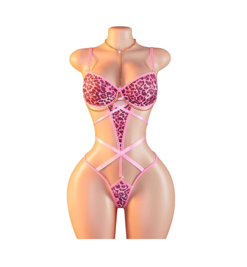Body Lencería Sexy Animal Print Tigresa Rosa Con Cadenas2