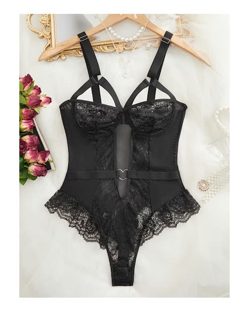 Body Lencería Sexy Encaje Y Tul Con Aro Negro Talla Exacta1