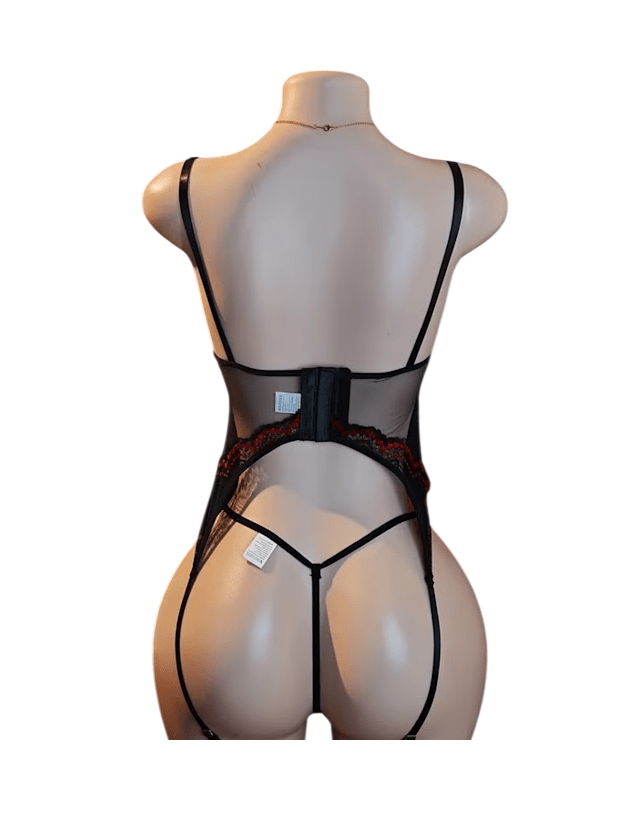 Corset Lencería Sexy Encaje Y Tul Con Aro Y Medias Malla2