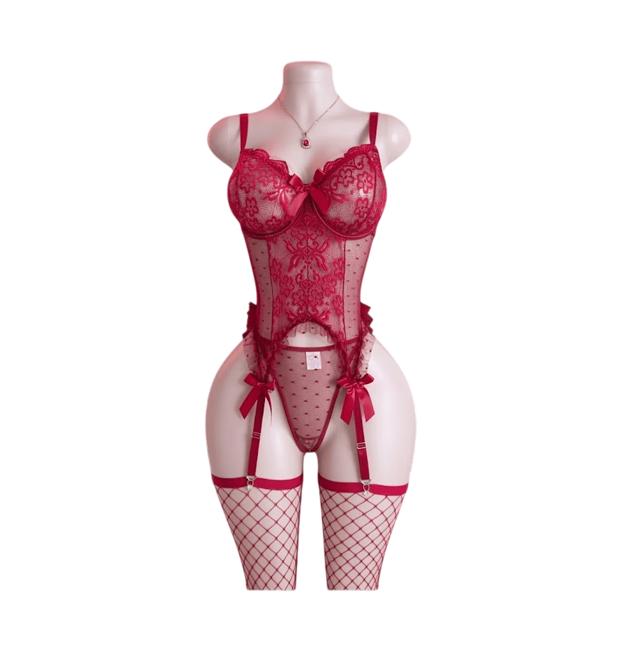 Lencería Corset de Encaje Portaligas con Medias Mujer2