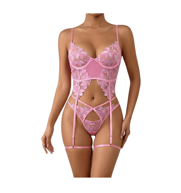 Corset Lenceria Sexy portaligas rosado De Encaje1