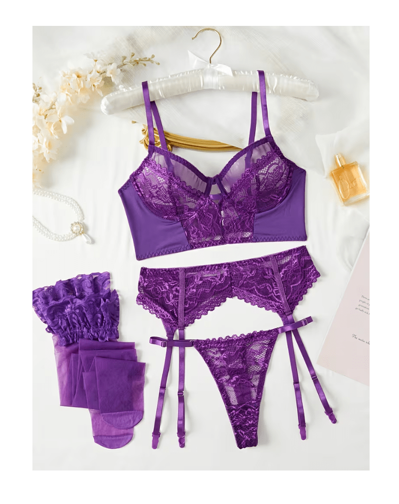 Lenceria Sexy Conjunto Mini Corset Portaligas Medias Morado3