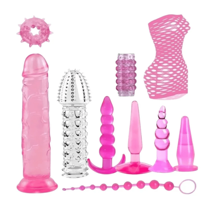 Kit De Plugs Anales Fucsia Dildo Funda Y Malla De Red 11 Piezas1