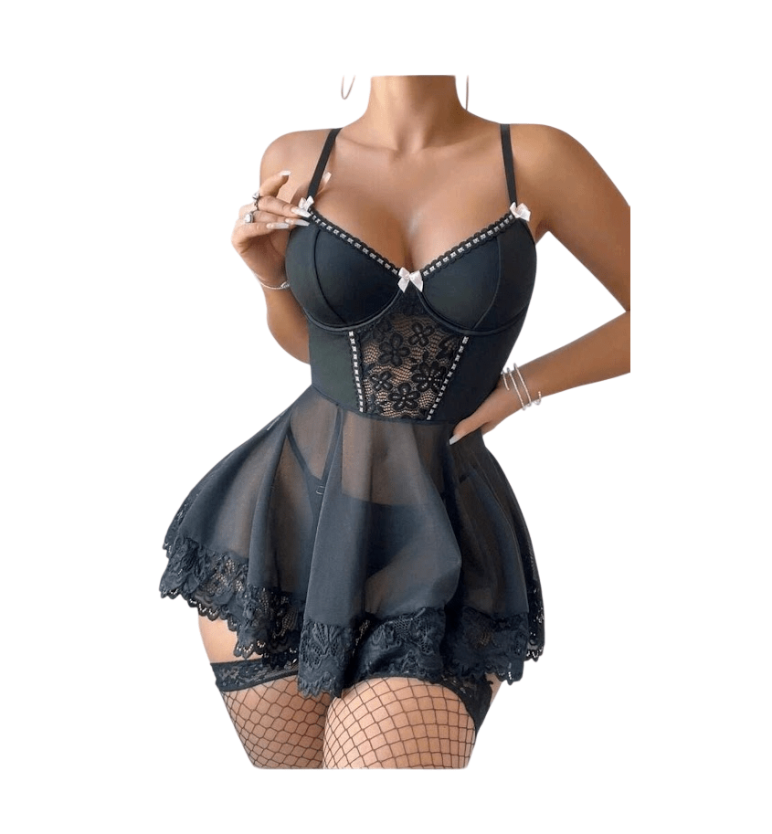 Babydoll Carly Lenceria Sexy Portaligas Con Medias Malla1