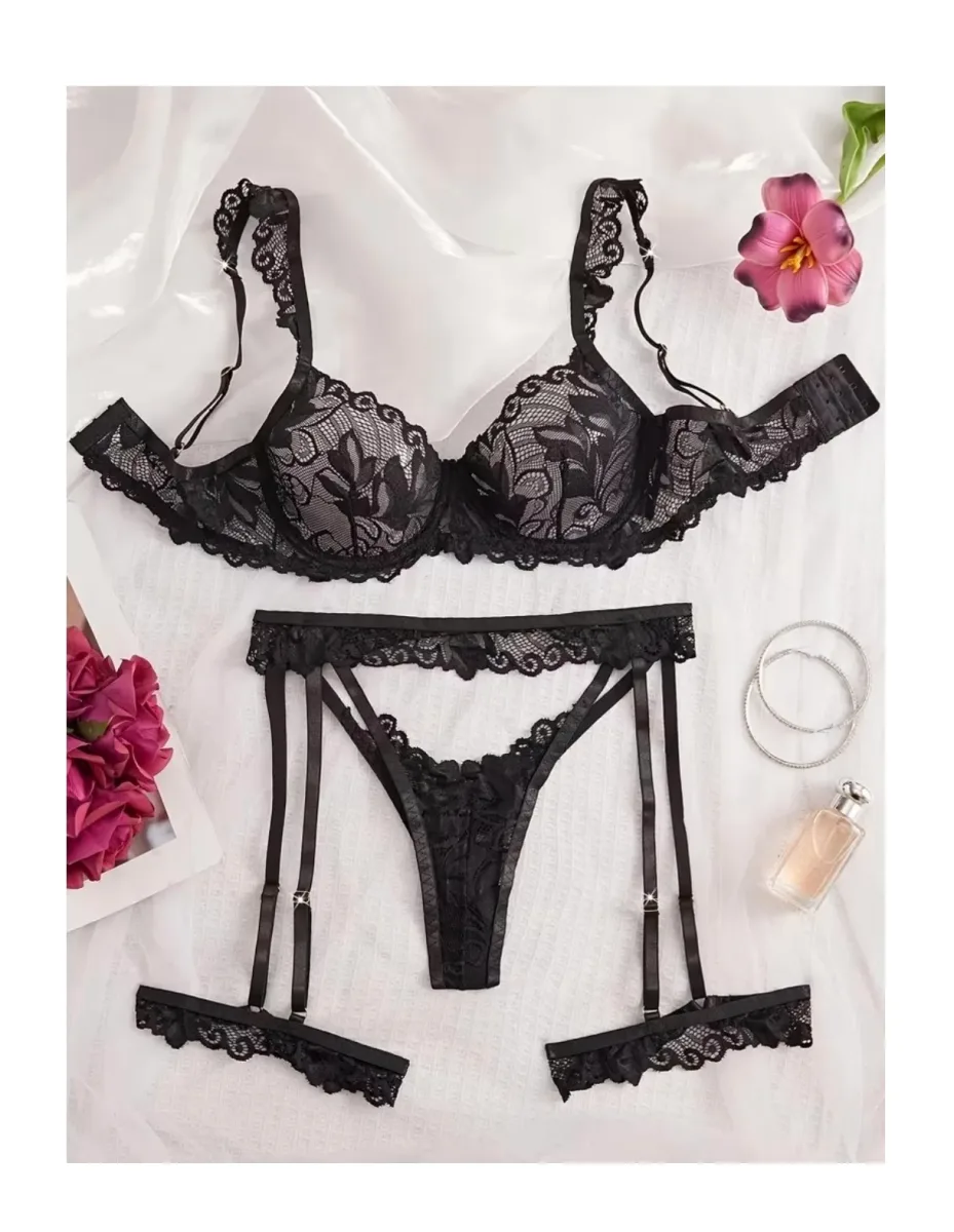 Lencería Sexy Portaligas Conjunto Dos Piezas De Encaje1