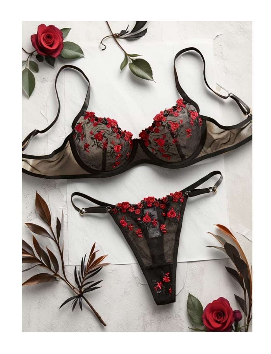 Lenceria Sexy Conjunto Dos Piezas Brasier Tanga De Tul  Bordado1