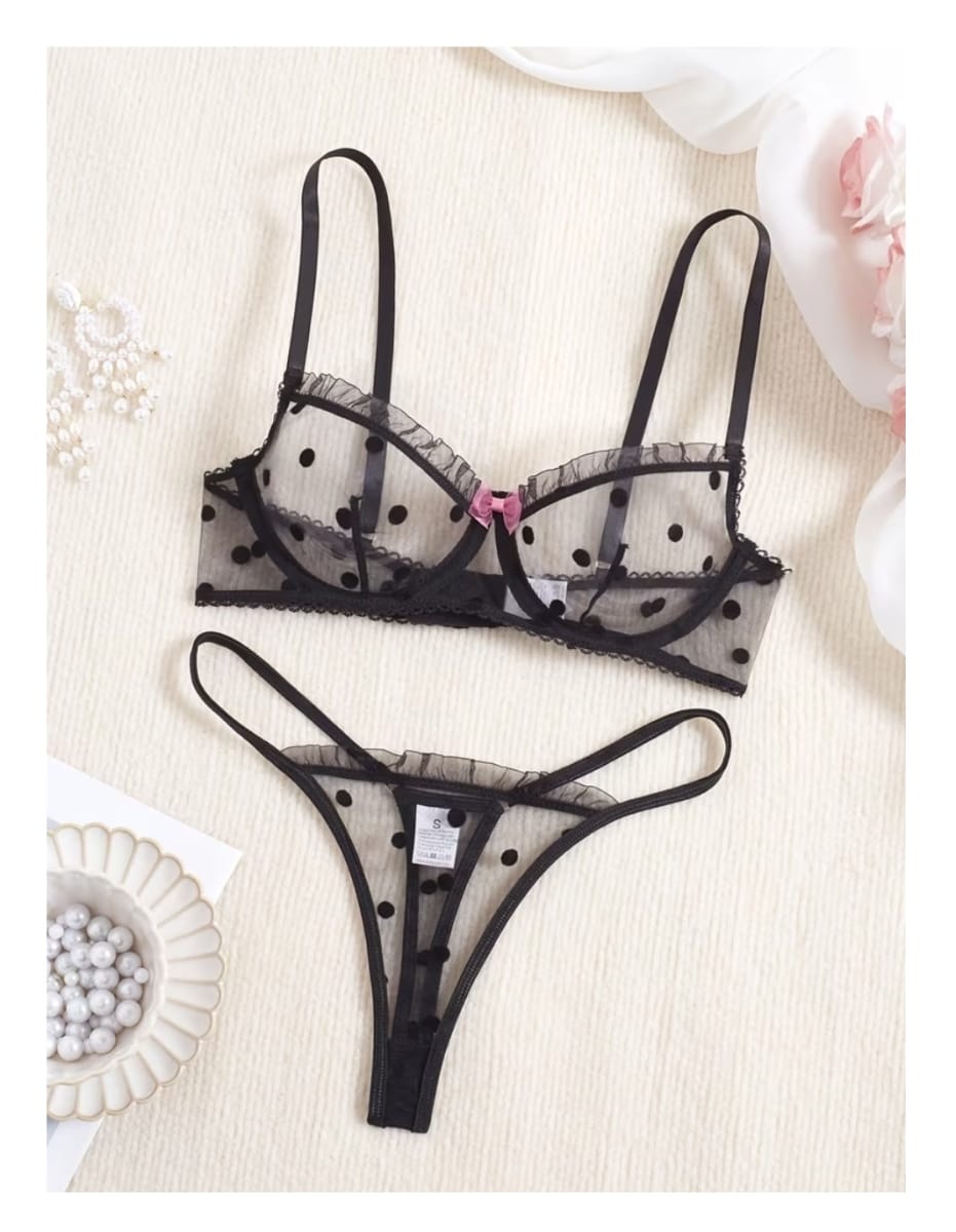 Lenceria Sexy Transparente Set Brasier Tanga Negro1