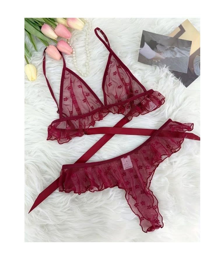 Conjunto Bralette Lencería Sexy Tul Con Diseño Y Trusita1