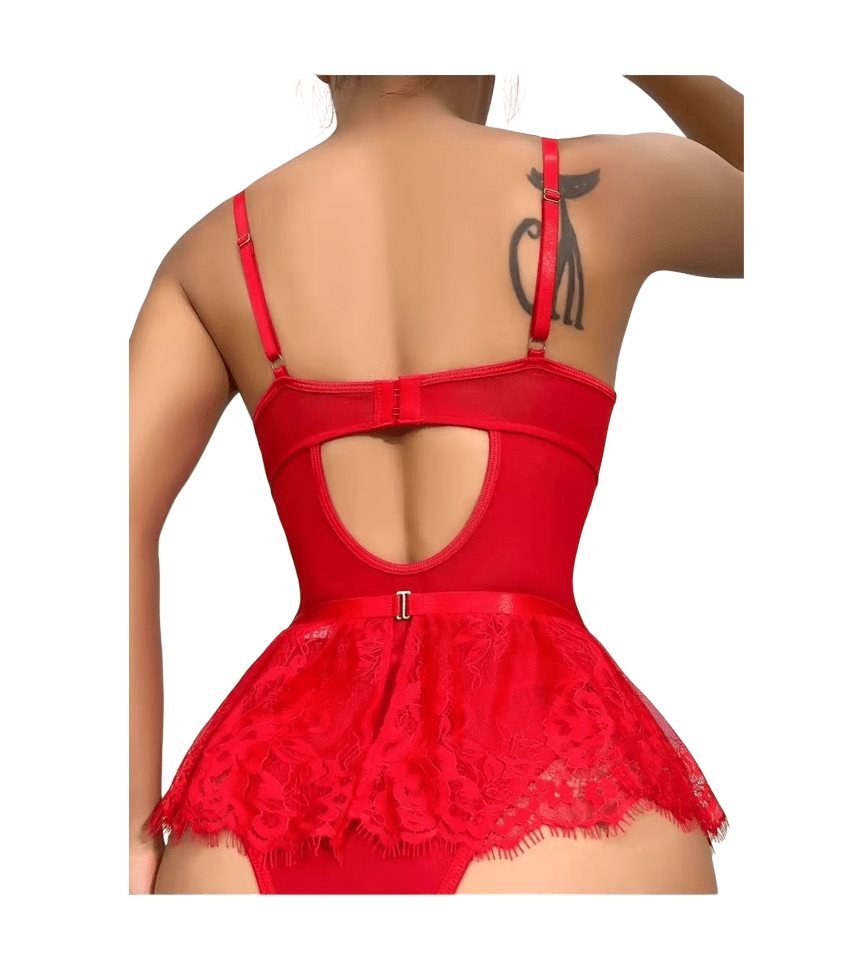 Body Faldita De Encaje Con Portaligas y Medias Lenceria Sexy3