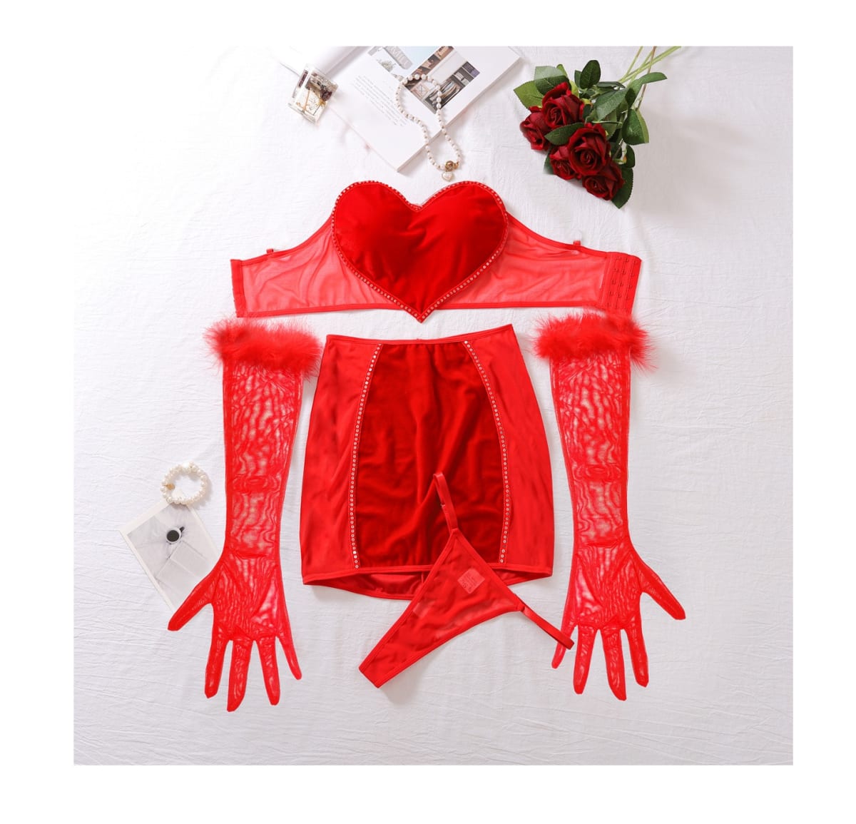 Lenceria Conjunto Sexy De Terciopelo Minifalda Con Guantes2