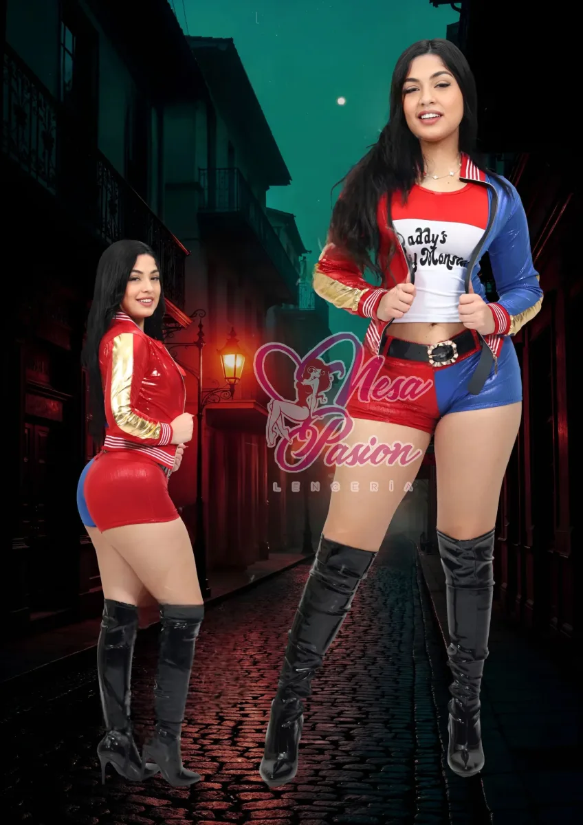 Harley Quinn Disfraz Polo Manga Cero Casaca Short Correa Set1