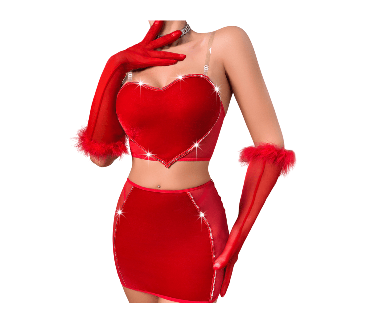 Lenceria Conjunto Sexy De Terciopelo Minifalda Con Guantes1