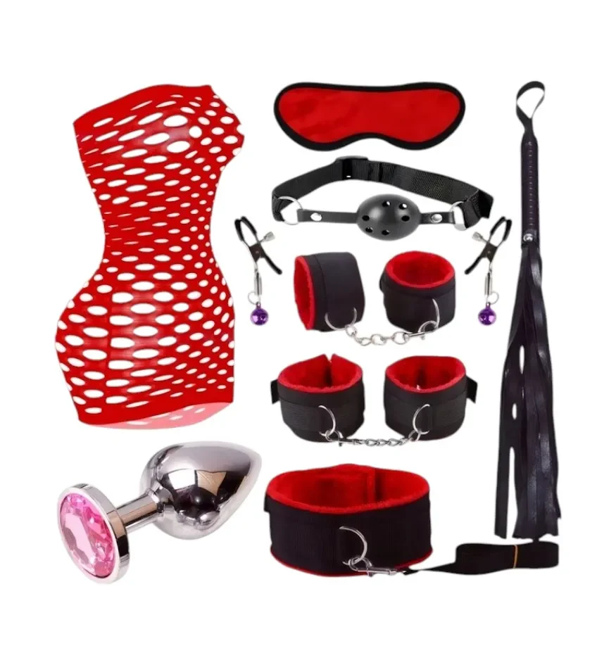 Kit BDSM Bondage Rojo Con Catsuit Vestido Malla Antifaz Y Látigo1