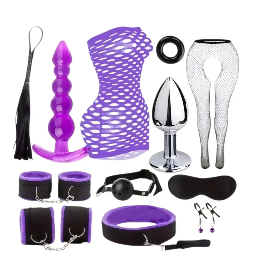 Kit BDSM Y Lencería Morada De 12 Piezas Con Mallas Y Accesorios1