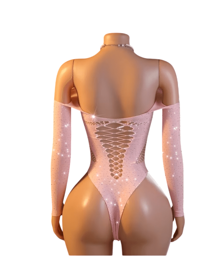 Lenceria Malla Corporal Catsuit Body Brillos Rosado Sexy1