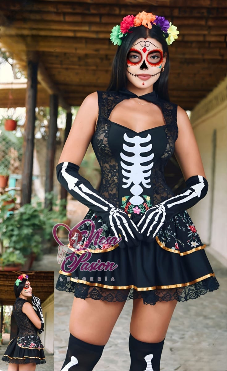 Catrina 01 Disfraz Sexy Halloween Con Gauntes y Medias1