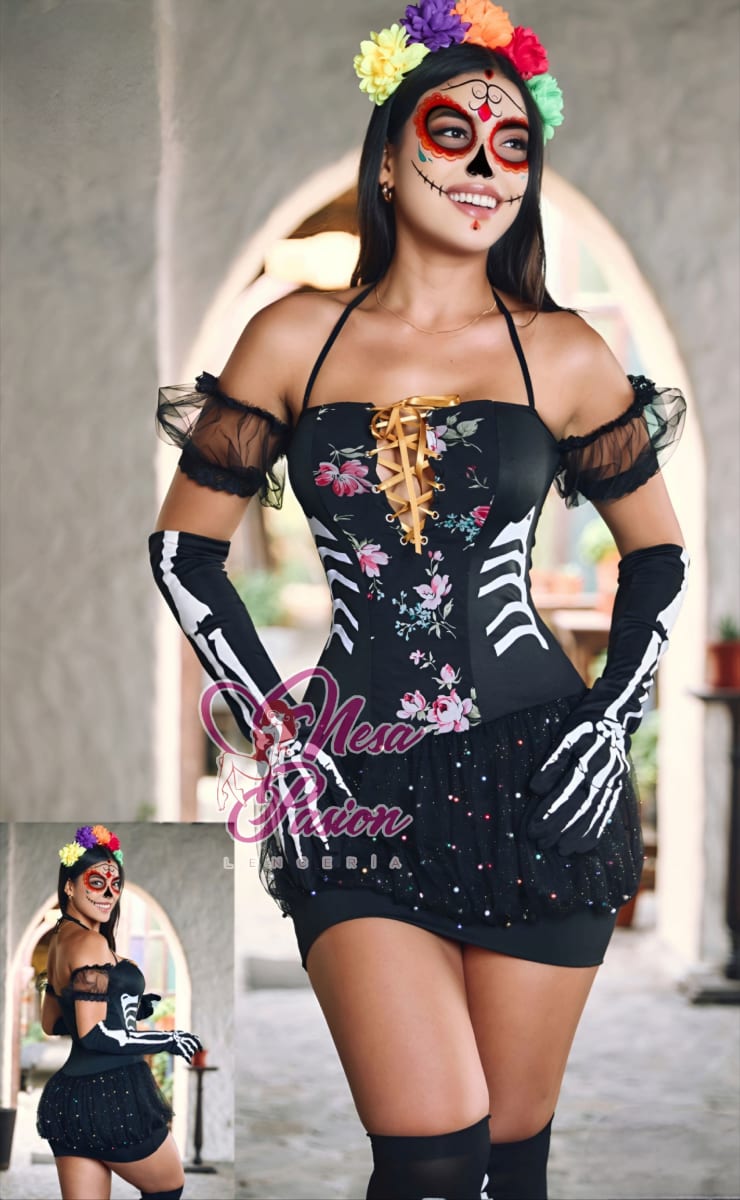 Catrina Disfraz Sexy Halloween Vestido Pegado Guantes Medias1