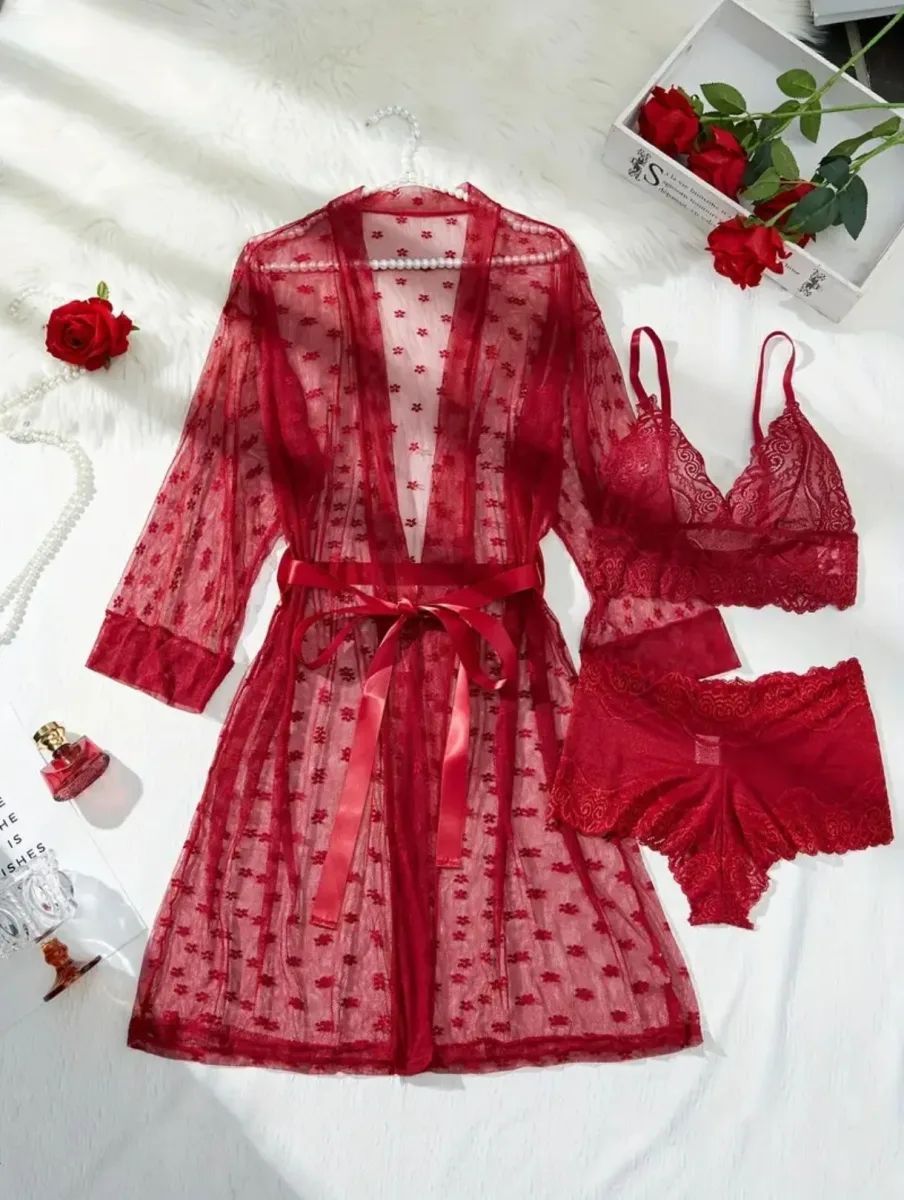 Conjunto Lencería Sexy Con Bata Y Cachetero vino1