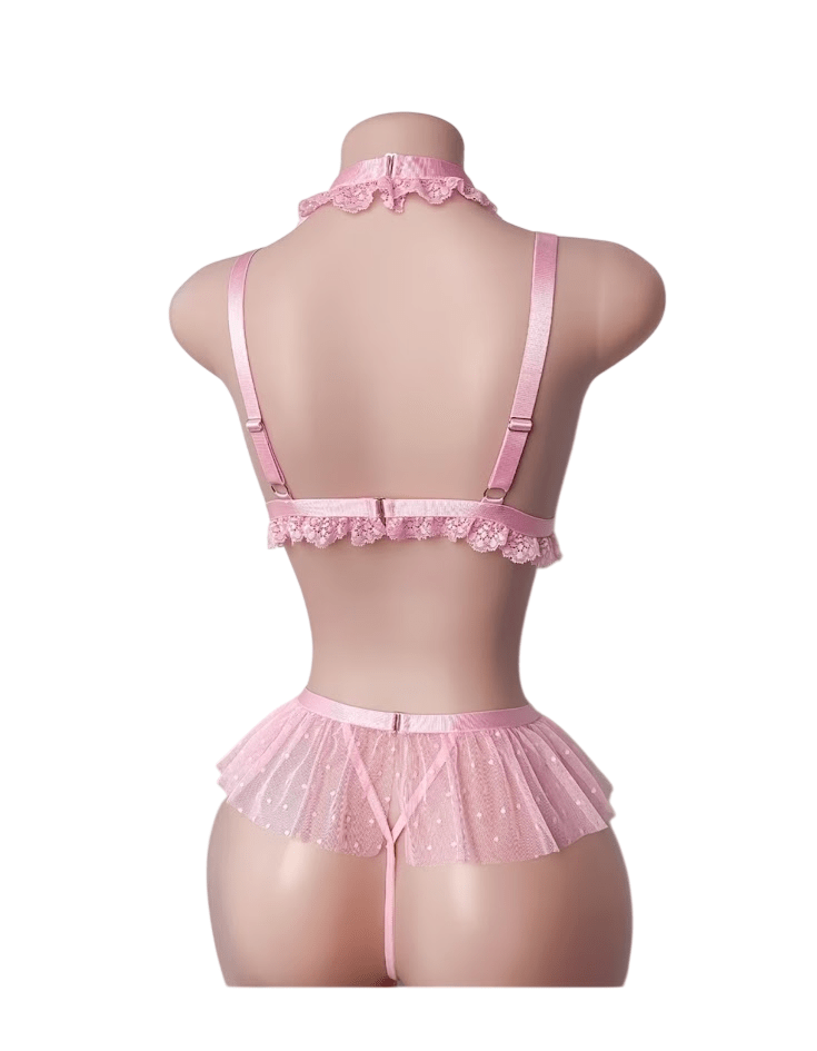 Lencería Sexy Conjunto Bralette Tul Americano Rosa Talle XL1