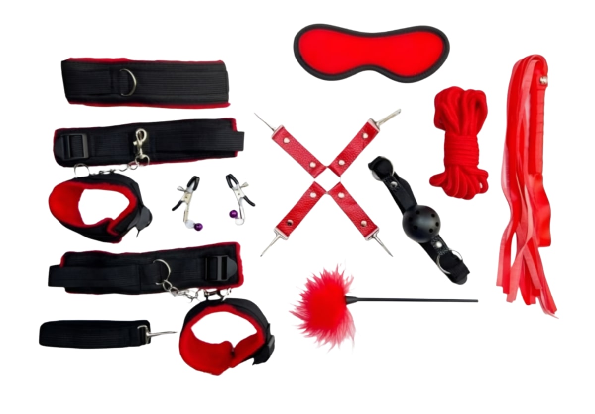 Set Kit Bondage 11 Piezas Esposas Antifaz Mordaza Látigo Pezoneras BDSM1