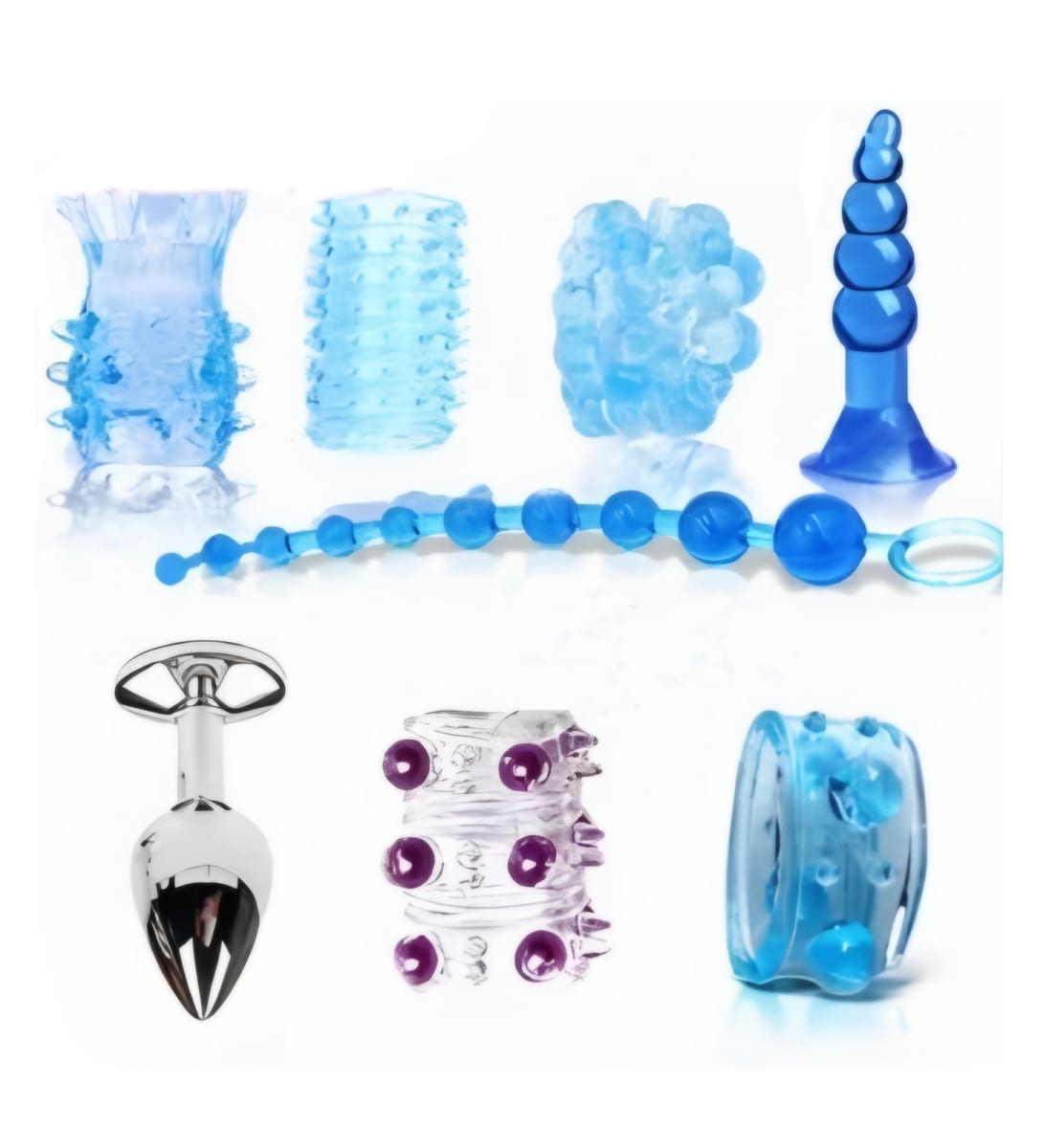Kit Set Erótico 8 Piezas Plugs Anales de Silicona Metal Anillos Fundas Juguetes Pareja1