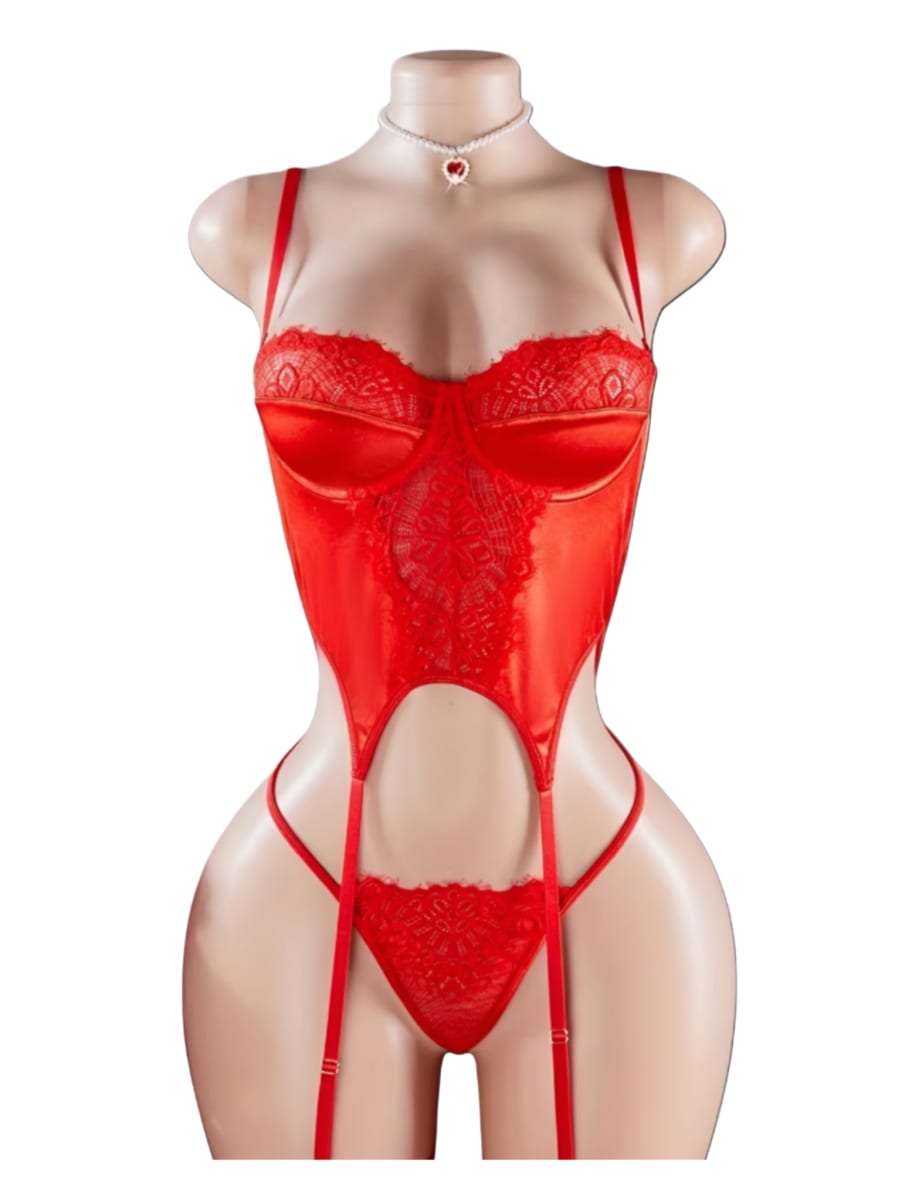 Corset Lenceria Sexy portaligas Rojo Con Medias2