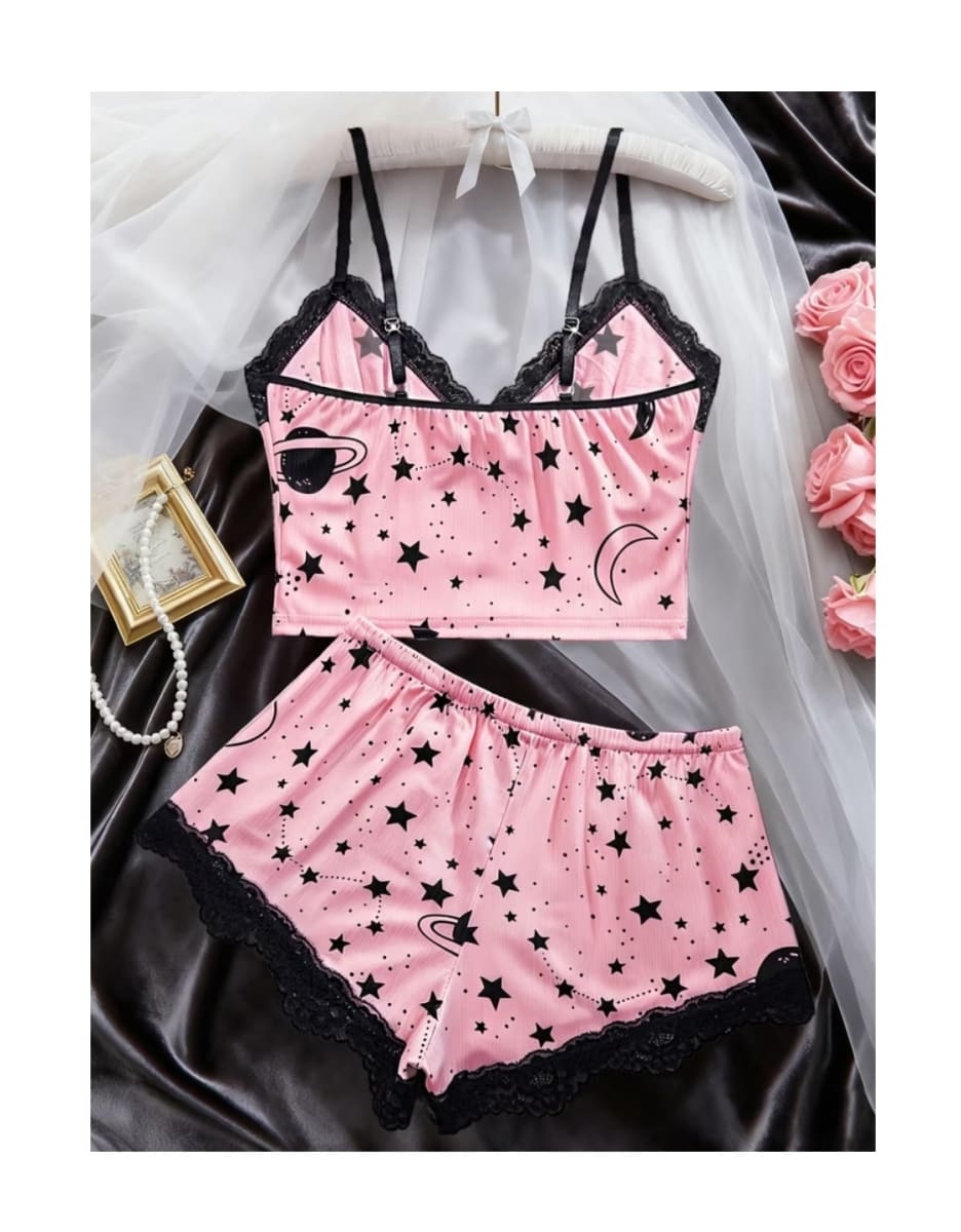 Pijama Lenceria Mujer Sexy Dos Piezas Top Short Rosado1