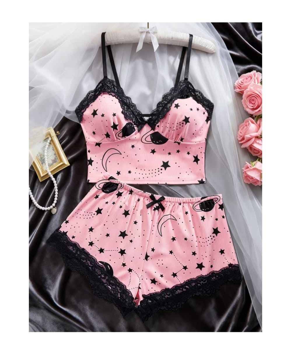 Pijama Lenceria Mujer Sexy Dos Piezas Top Short Rosado2