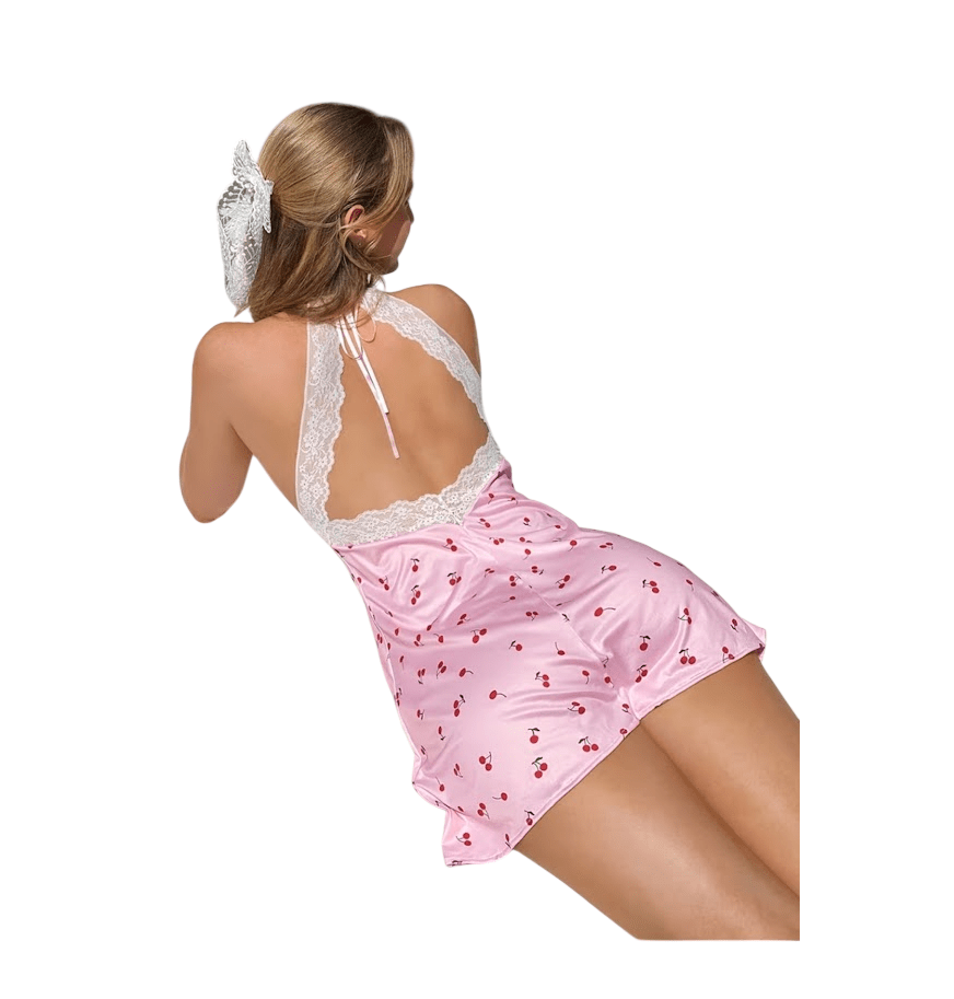 Lencería Sexy Vestido Pijama con Estampado de Cerezas y Encaje1
