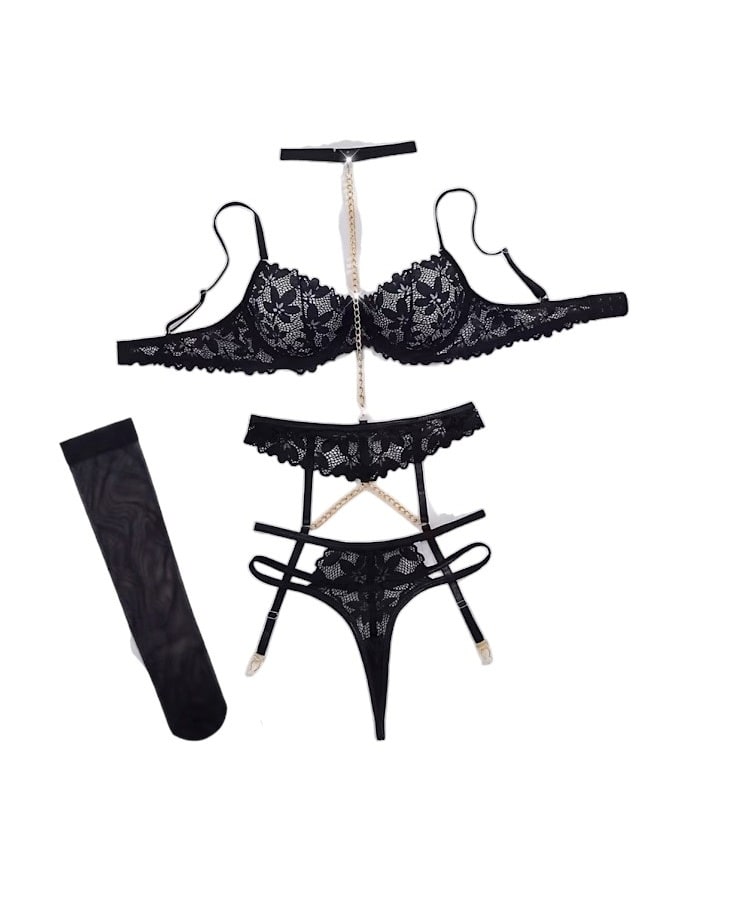 Conjunto Portaligas Lencería Sexy Full Encaje Cadenas1