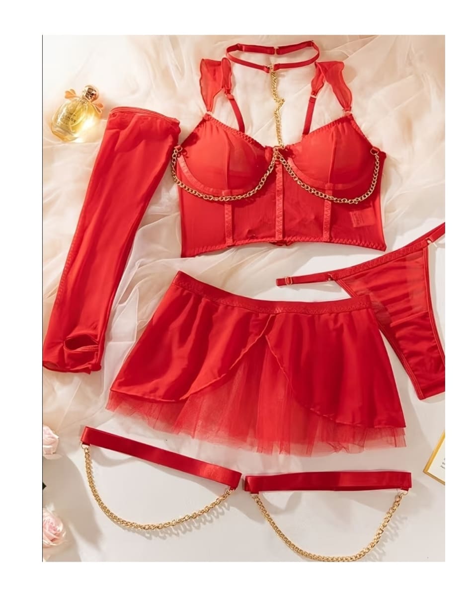 Conjunto Lenceria de Corset Rojo con Falda de Tul y Cadenas3