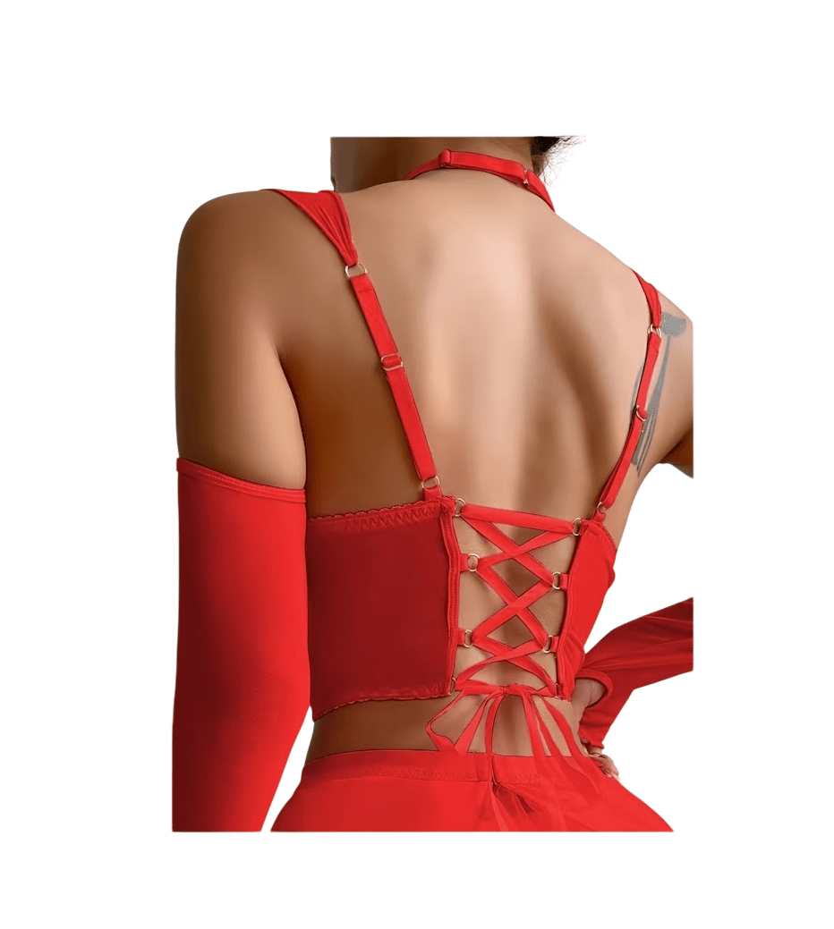 Conjunto Lenceria de Corset Rojo con Falda de Tul y Cadenas2