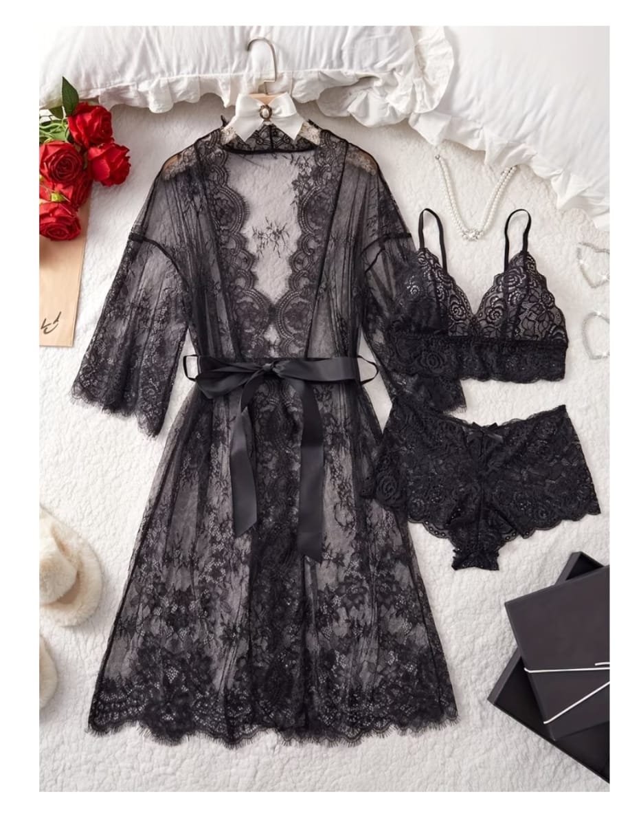 Lencería Sexy Set Bata Bralette Cachetero Mujer2