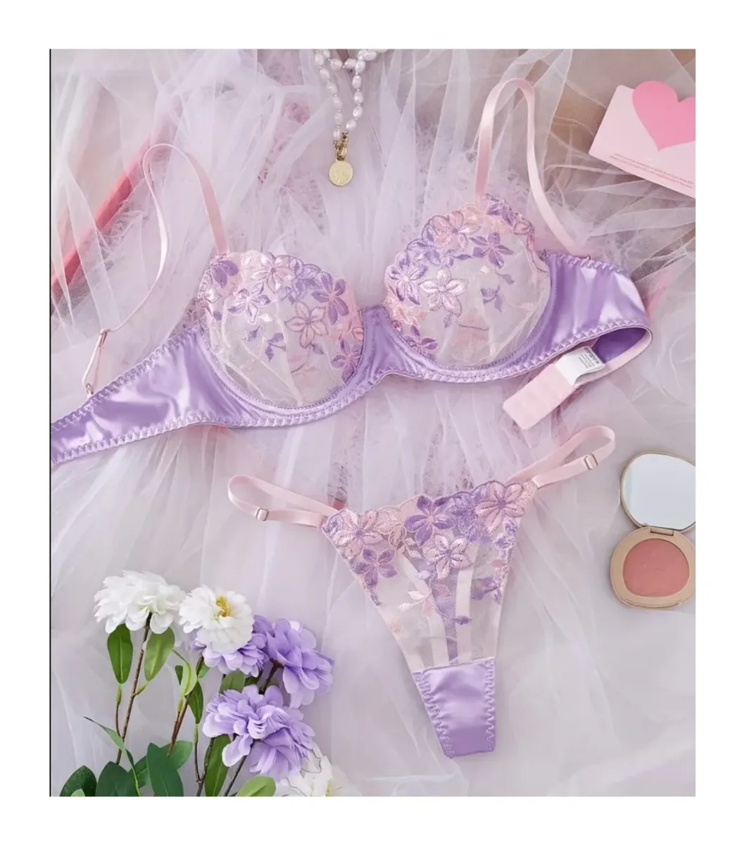 Set Conjunto Dos Piezas Brasier Más Tanga Lencería Sexy Lila1