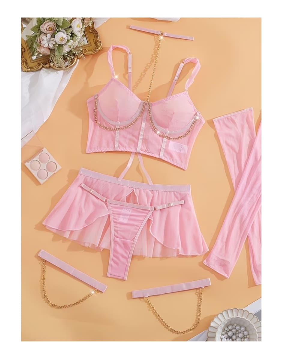 Conjunto Corset Lenceria Sexy Portaligas Con Ligueros  Rosado4