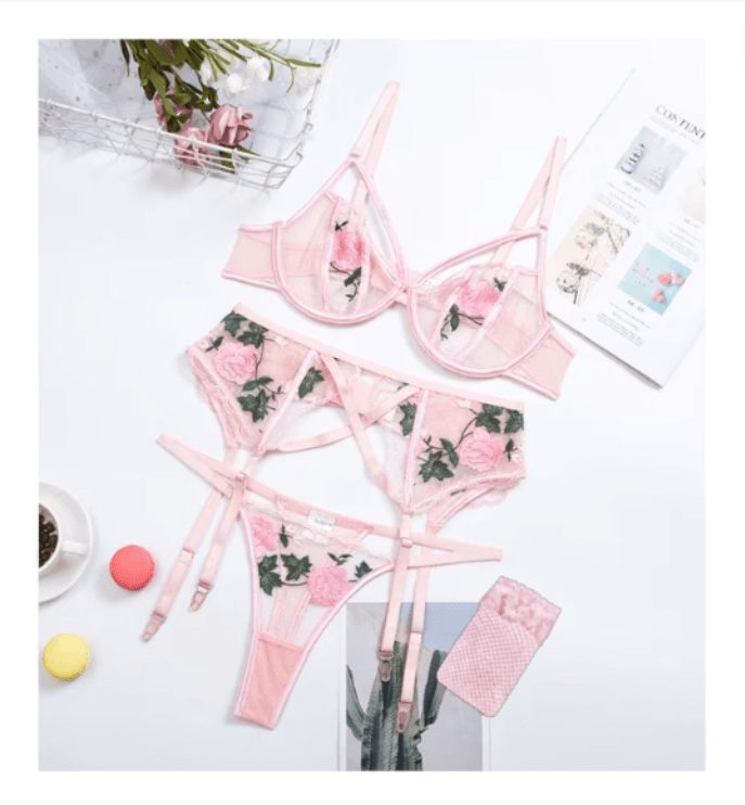 Lenceria Conjunto Sexy de Tul Bordado Rosado con Portaligas3