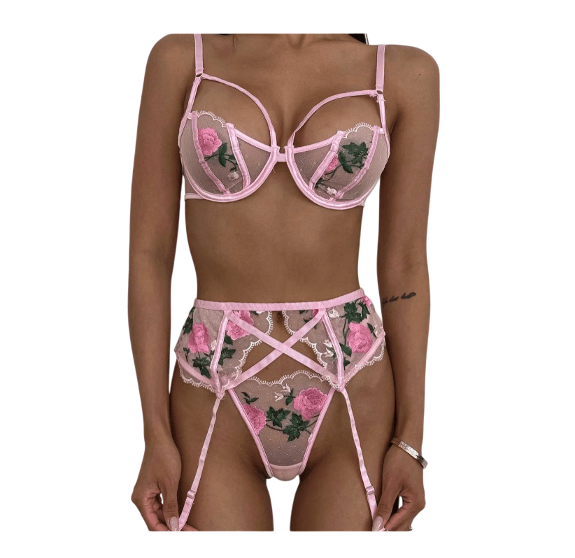 Lenceria Conjunto Sexy de Tul Bordado Rosado con Portaligas1