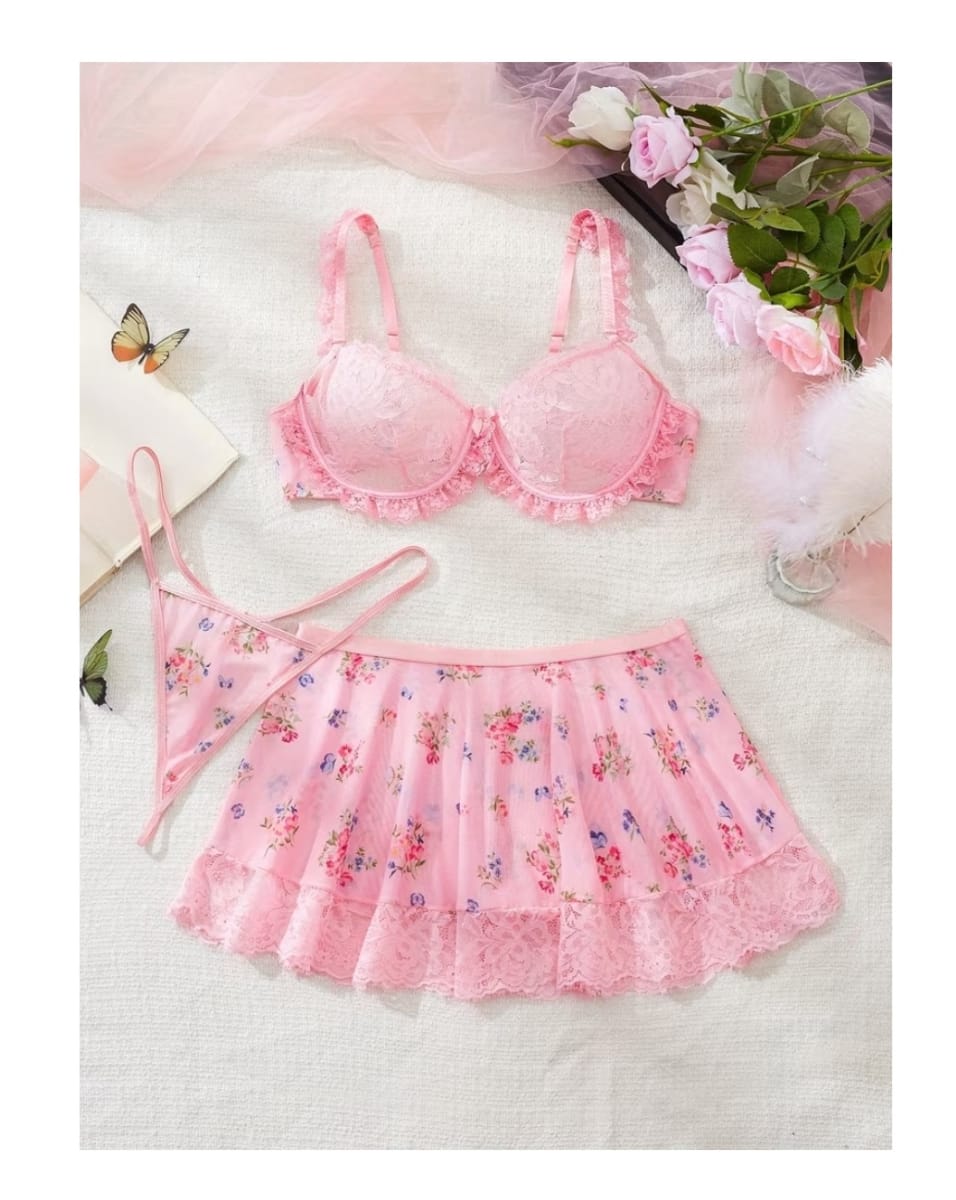 Set Lenceria Sexy Conjunto Brasier Faldita Erotica Rosado3