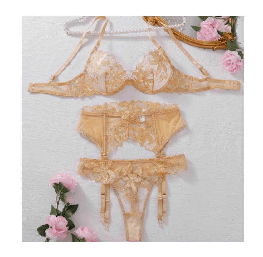 Lenceria Sexy Conjunto Portaligas Brillo De Tul Bordado1