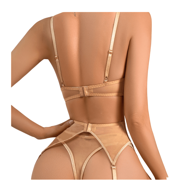 Lenceria Sexy Conjunto Portaligas Brillo De Tul Bordado2