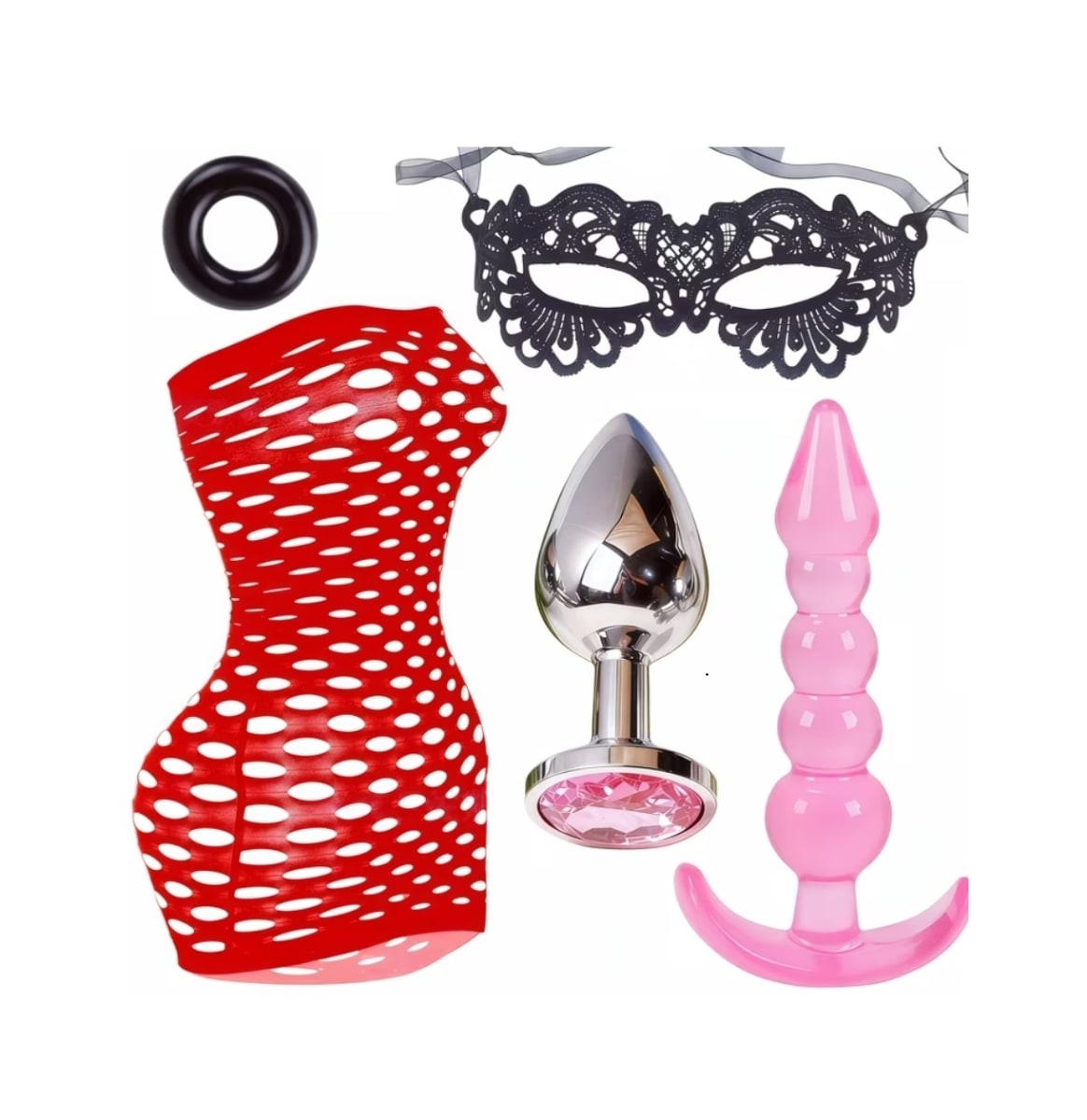 Set Lenceria Malla Catsuit Plug Anal Con Anillo Retardante Antifaz2