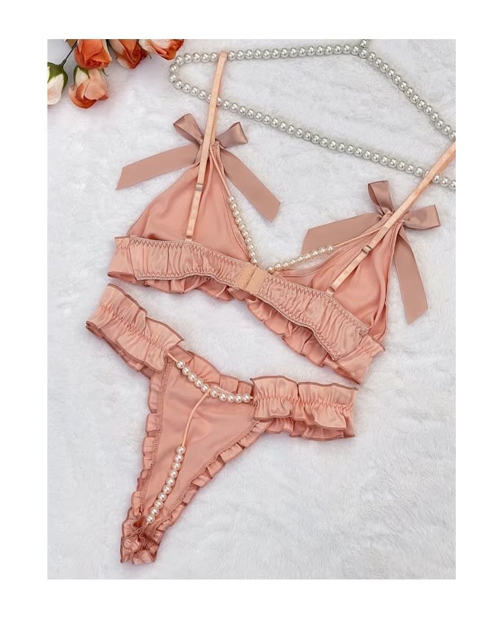 Conjunto Lencería Sexy Bralette E Hilo Con Perlas 2 Pzas2