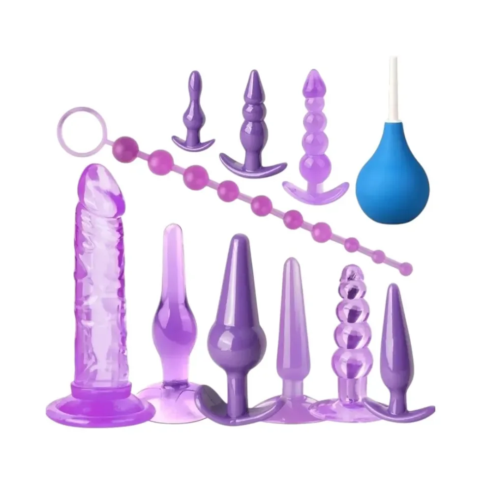 Kit Set De Plugs Anales Morados Con Dildo Y Perilla De Irrigación1