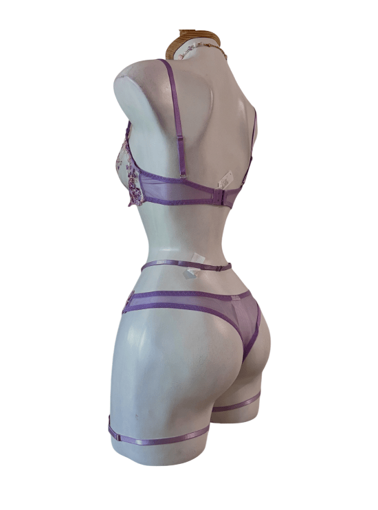 lenceria Sexy Conjunto Portaligas Erotico Bordado Lila3