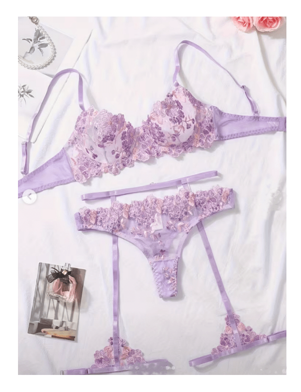 lenceria Sexy Conjunto Portaligas Erotico Bordado Lila4
