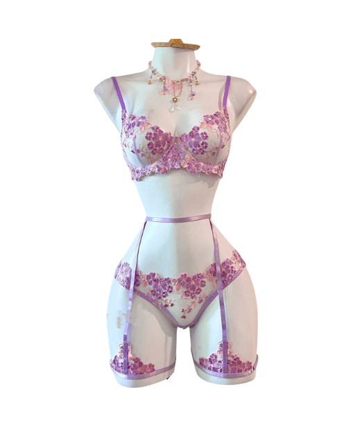lenceria Sexy Conjunto Portaligas Erotico Bordado Lila2