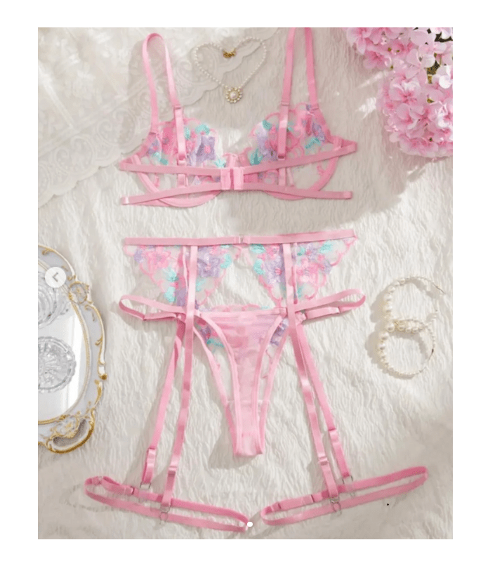 Conjunto Lenceria Sexy De Tul Bordado Con Ligueros Rosado2