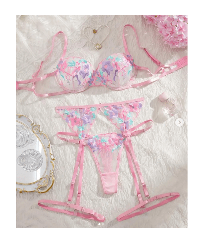 Conjunto Lenceria Sexy De Tul Bordado Con Ligueros Rosado1
