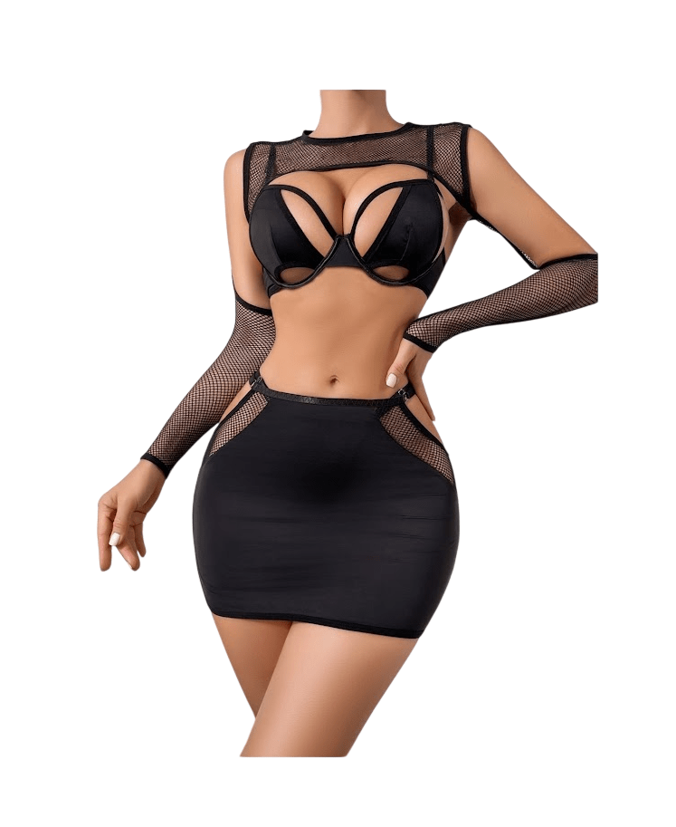 Conjunto de Lencería Sexy con Mini Falda y Mangas de Malla1